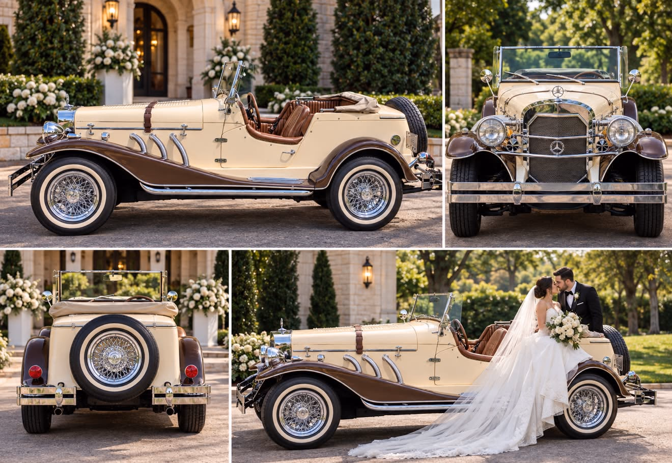 Mercedes Gazelle side, front and rear views with wedding styling